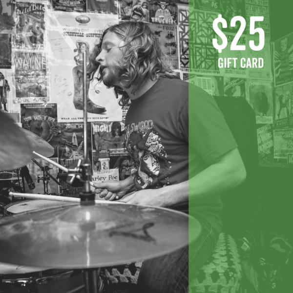 Guy playing drums with overlay that says $25 gift card