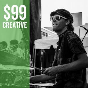 Man playing drums with an overlay that says $99 Creative