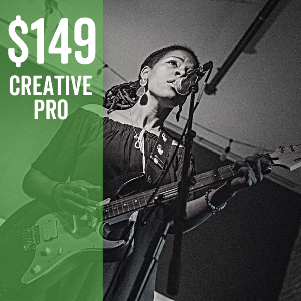 Woman playing guitar and singing, with an overlay that says $149 Creative Pro