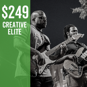Guitar and bass player with an overlay that says $249 Creative Elite