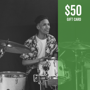 Guy playing drums with overlay that says $50 gift card